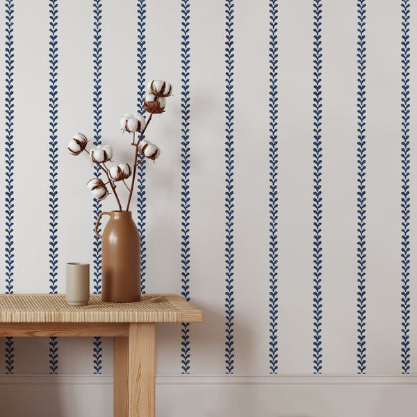 blue country cottage stripe stencil on white entryway walls